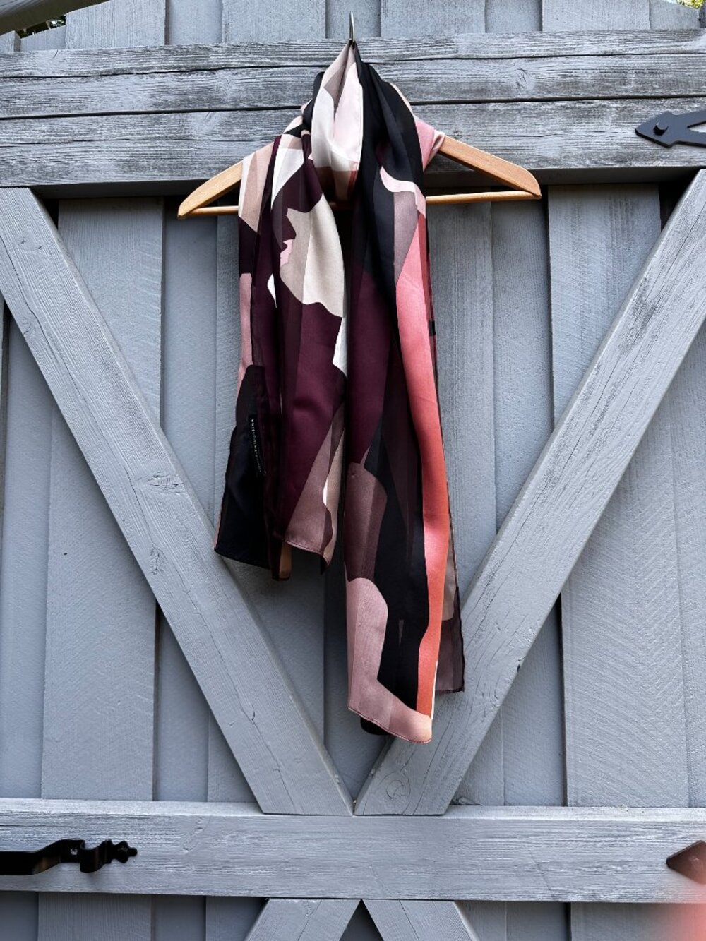 White House Black Market Abstract Chiffon Scarf Wrap 70x21 Burgundy Pink Black